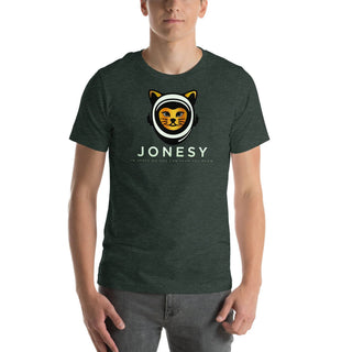 a man wearing a green t - shirt with a logo on it