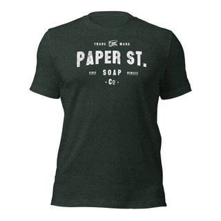 a dark green t - shirt with the words paper st on it