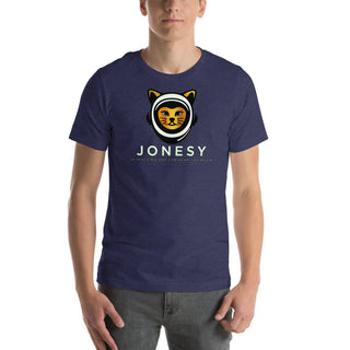 a man wearing a blue t - shirt with a cat on it