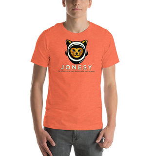a young man wearing an orange jonesy t - shirt