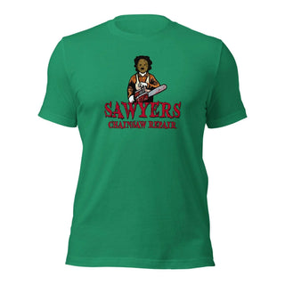 a green t - shirt with a picture of a man holding a baseball bat