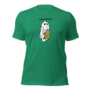 a green t - shirt with a picture of a dog holding a book