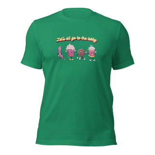 a green t - shirt with three cartoon characters on it