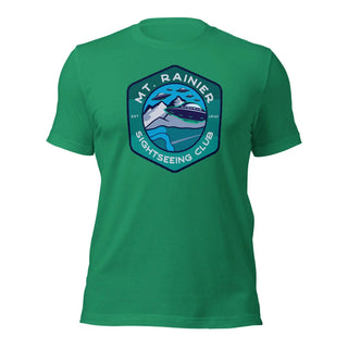 a green t - shirt with a picture of a mountain and the words my rain