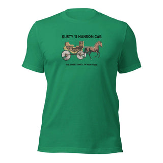 a green t - shirt with a picture of a horse and carriage