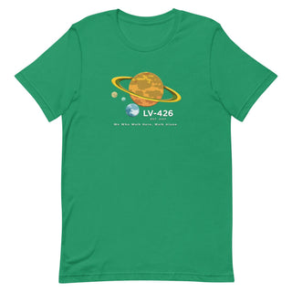 a green t - shirt with an image of the planet and saturn