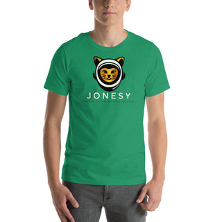 a man wearing a green t - shirt with a cat on it