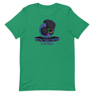 a green t - shirt with an image of a dinosaur and the words xeno
