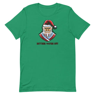 a green t - shirt with an image of a santa clause wearing a santa hat