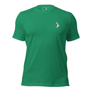 a green t - shirt with a black and white logo