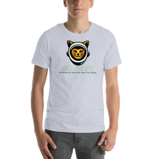 a man wearing a white t - shirt with a cat on it