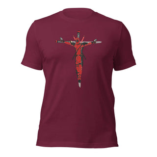 a red t - shirt with a crucifix on it