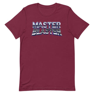 a maroon t - shirt with the words master blaster printed on it