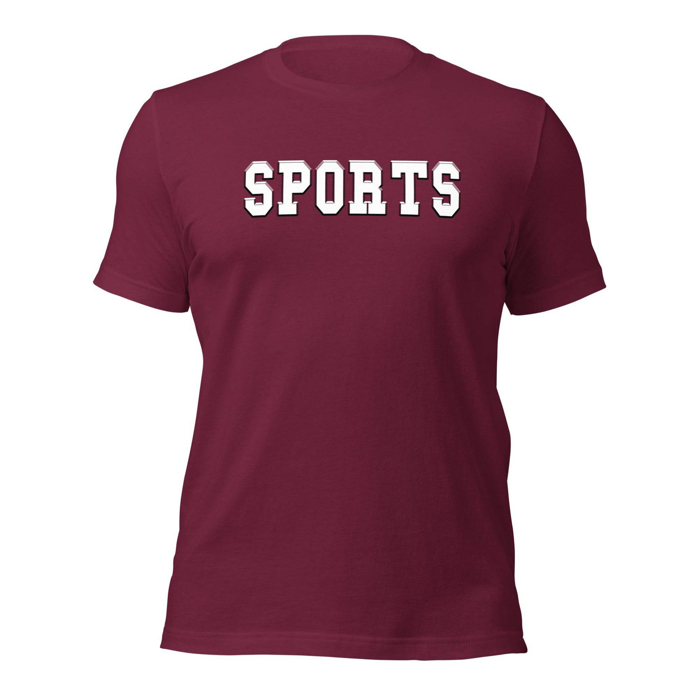 a maroon t - shirt with the word sports printed on it