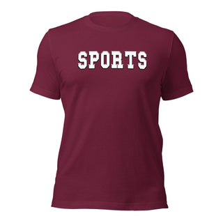 a maroon t - shirt with the word sports printed on it