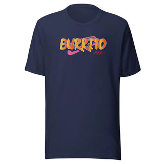 a dark blue shirt with the word burrito printed on it