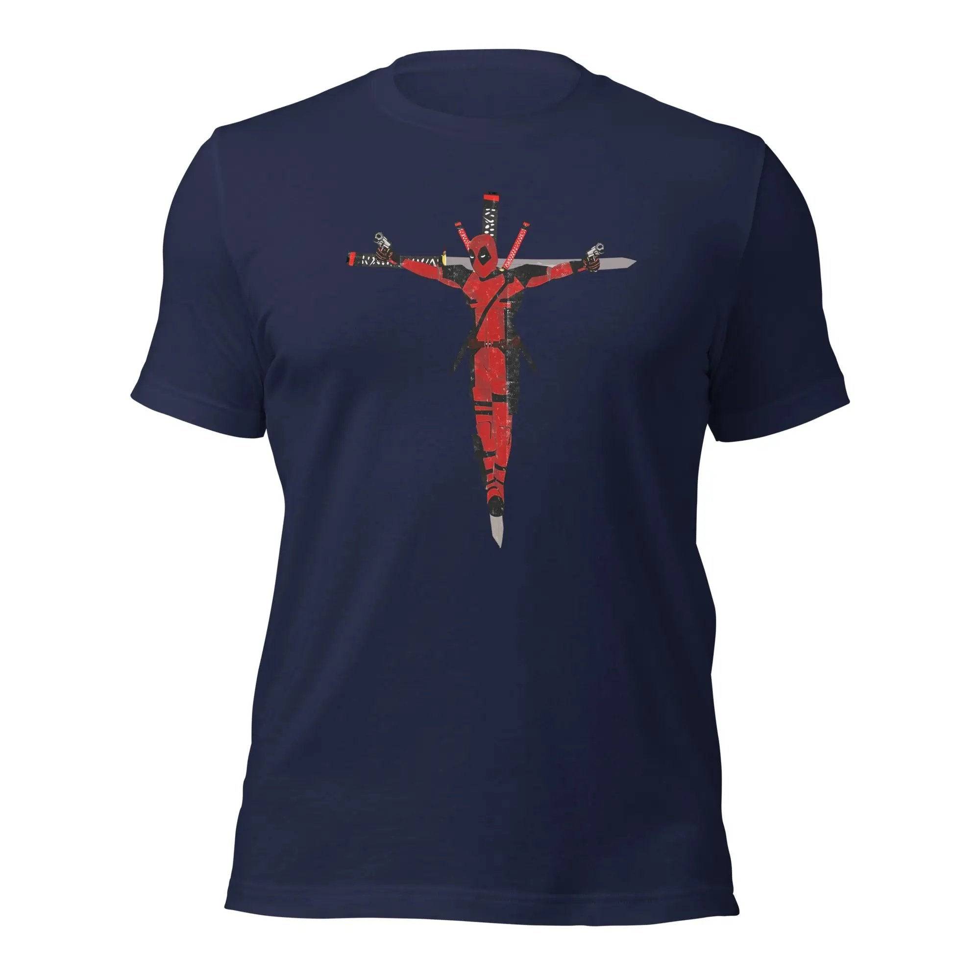 a blue t - shirt with a cross painted on it