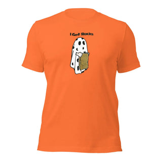 an orange t - shirt with a picture of a ghost in a pocket