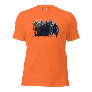 Orange unisex T-shirt displaying a graphic of horror monsters from The Monster Squad, casual horror-themed clothing.