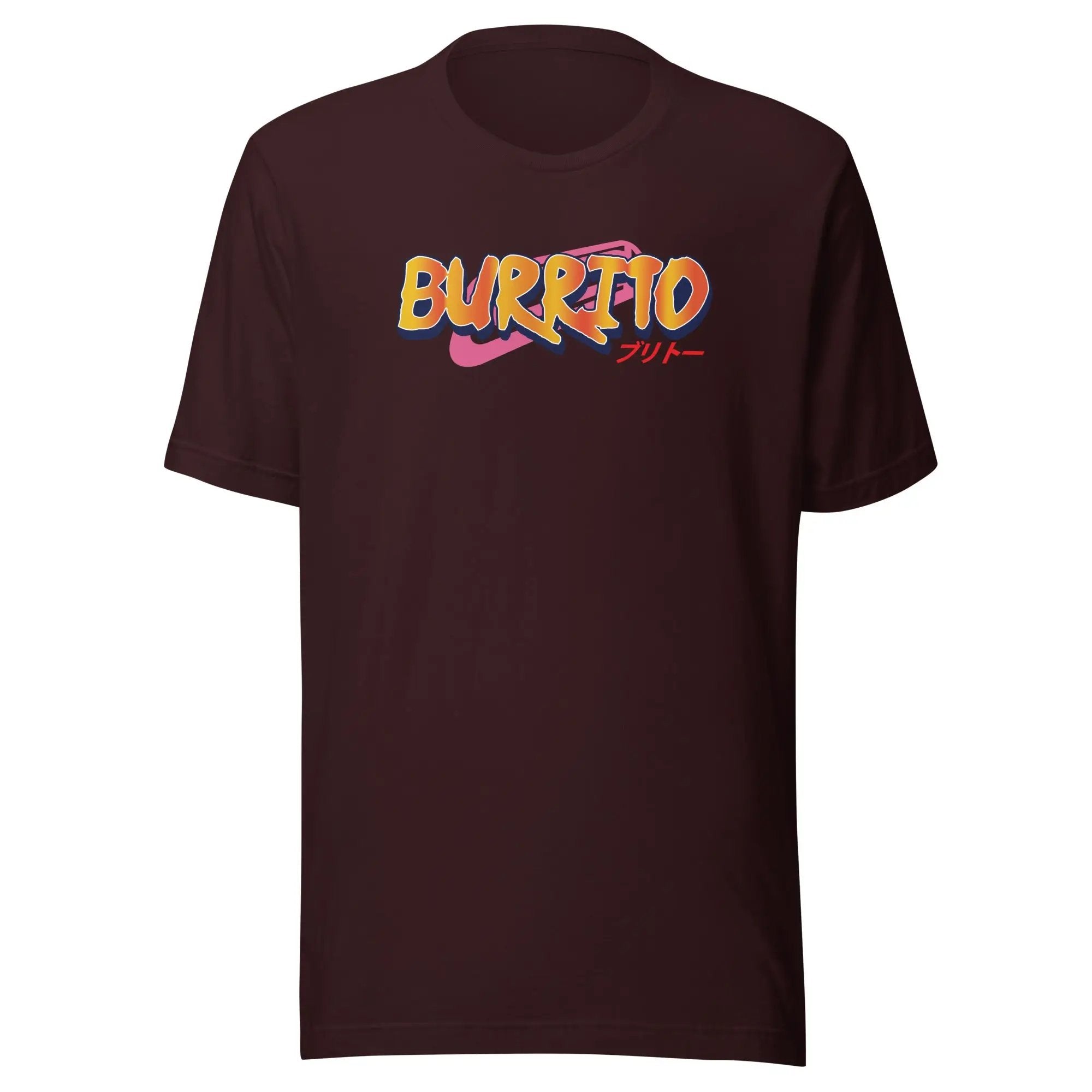 a maroon t - shirt with the word burrito printed on it