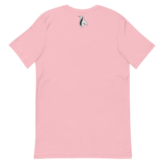 a pink t - shirt with a black and white bird on it
