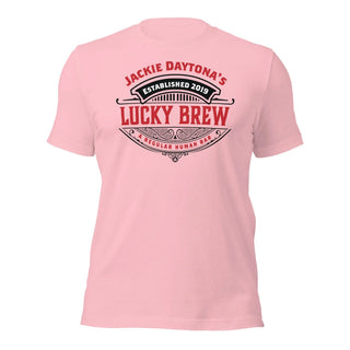a pink t - shirt with the words lucky brew on it