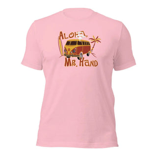 a pink shirt with a vw bus and palm trees