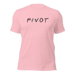 a pink t - shirt with the word pivot printed on it