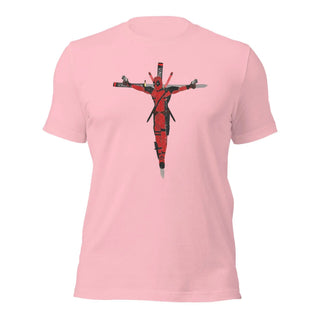 a pink t - shirt with a cross on it