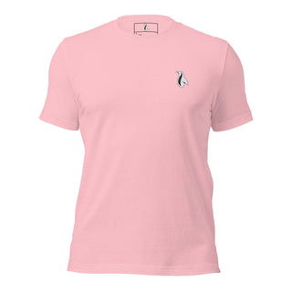 a pink t - shirt with a small penguin on the chest