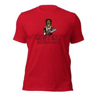 a red t - shirt with an image of a woman holding a chainsaw