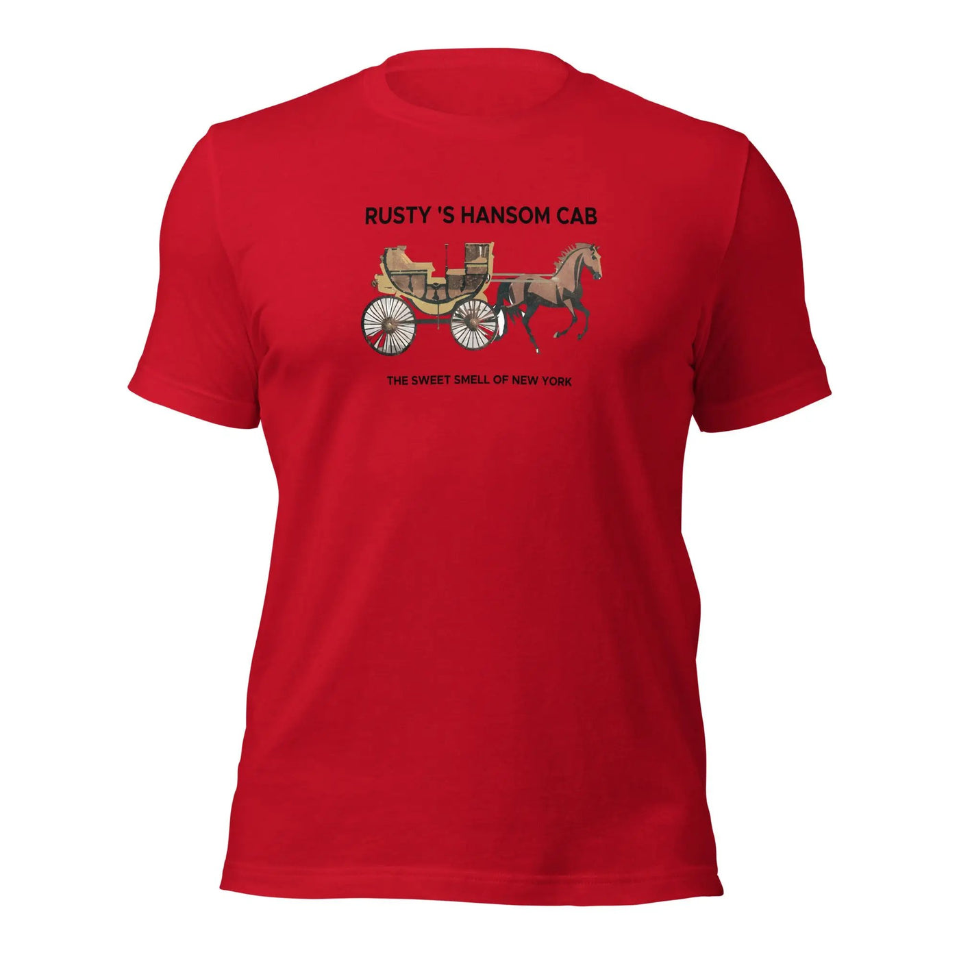 a red t - shirt with a picture of a horse and carriage