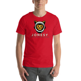 a man wearing a red t - shirt with a cat on it