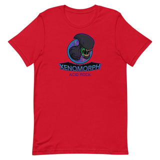 a red t - shirt with an image of a black alien with the words x