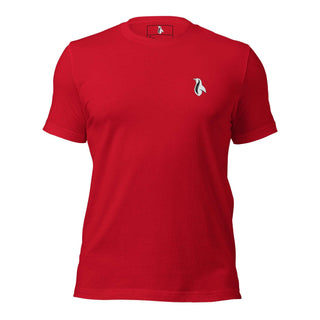 a red t - shirt with a white logo on the chest