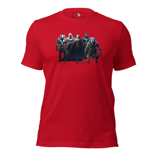 Red unisex T-shirt featuring a graphic of monsters from The Monster Squad, made of cotton, with a crew neck and short sleeves.