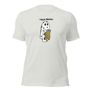 a white t - shirt with a picture of a dog holding a piece of bread