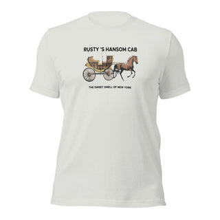 a white t - shirt with a horse drawn carriage