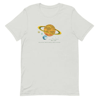 a white t - shirt with an image of the planet and saturn