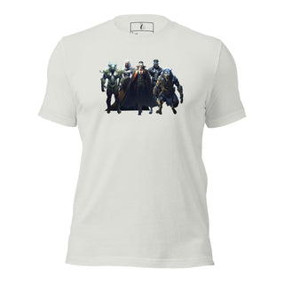 White unisex T-shirt with a graphic print of horror monsters including Frankenstein, Dracula, and werewolf, casual apparel