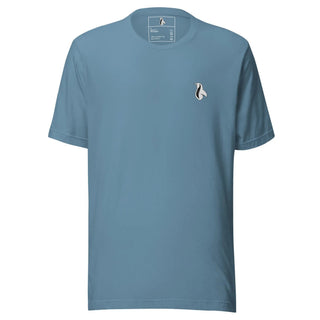 a blue t - shirt with a white bird on it