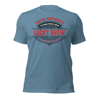 a blue t - shirt with the words lucky brew on it