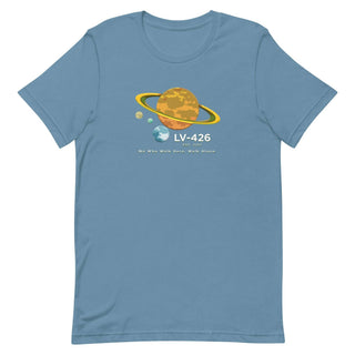 a blue t - shirt with an image of the planet and saturn