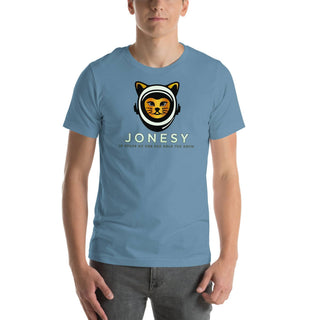 a man wearing a blue t - shirt with a picture of a cat on it