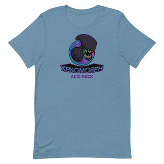 a blue t - shirt with the words xenomorph and an alien