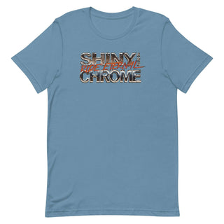 a blue shirt with the words shiny chrome on it