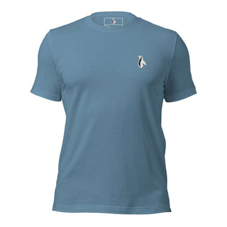 a light blue t - shirt with a small penguin on the front