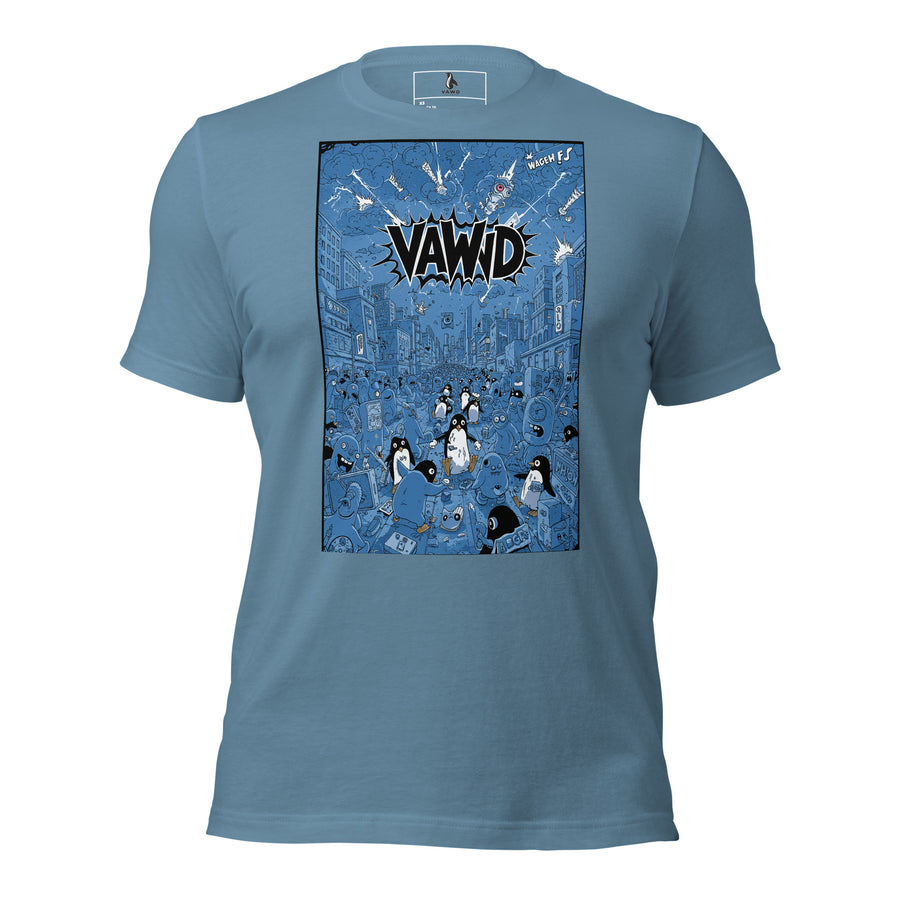 Penguin Chaos Graphic Tee – Retro Punk Album Art Inspired T-Shirt