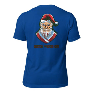 a blue shirt with a santa clause on it