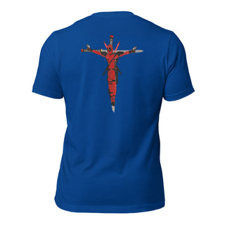 a blue t - shirt with a picture of a man in a crucif